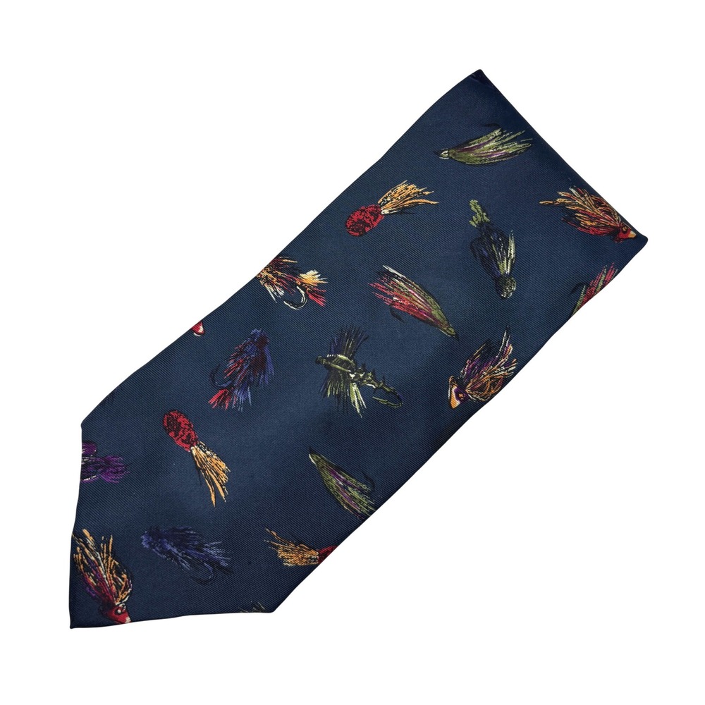 Windsor Fly Fishing Lure Tie Mens Navy Blue Silk Handmade Novelty Pattern Preppy